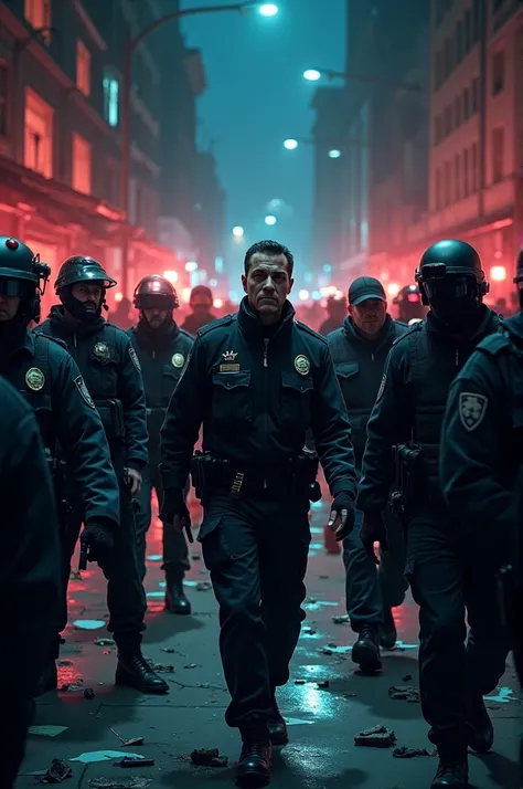 Each scene should be infused with the high-intensity atmosphere of a police operation at night, capturing the determination of law enforcement and the shock of the gang members at their sudden capture.