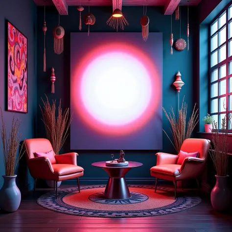 A vibrant room with dark walls. focus on a wall with an empty canvas on it. Colorful Modern furniture, featuring chairs, a glass-topped table. The space is lit by colorful moody light. There is a large empty spot on the wall, ready to be filled with psyche...