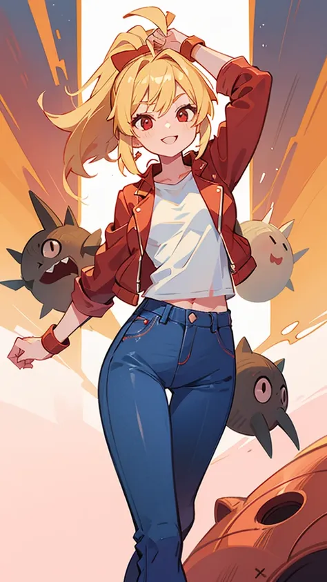 girl、 blonde ponytail、ahoge、big round red eyes、 evil smile、small breasts、 white t-shirt、red leather rider jacket、blue jeans pant...