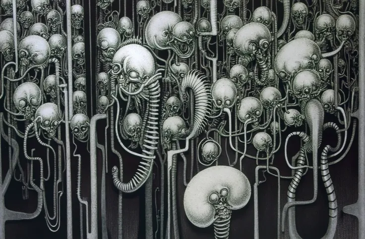 hrggr, the image is a detailed view of h.r. giger's biomechanical tableau \" landscape no 312 \" plate, featuring a complex, int...