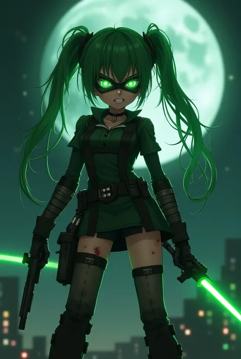 ultra realistic ,  girl, shi body, green  twintails air , ( loli body ) , beautiful, bangs, angry smile, hero mask, eye mask, green-lanter latex heroine uniform, cape, bulletproof vest, mini-skirt plissada , blood on the body, holding green  light sword,  ...