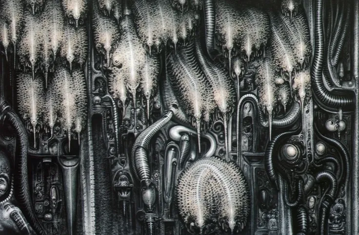 hrggr, the image is a detailed view of h.r. giger's biomechanical tableau \" landscape no 312 \" plate, featuring a complex, int...