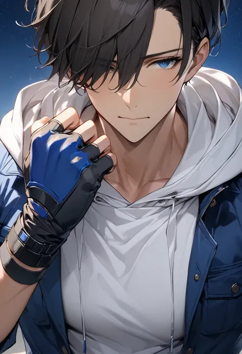 (masterpiece,  best quality :1.2), dark haired young man"Asuka", clothing: white hoodie with blue jacket ,  fingerless drivers gloves,  upper body focus ,  bust up shot ,simple background with a starry sky on one side, The act of retightening gloves on a r...