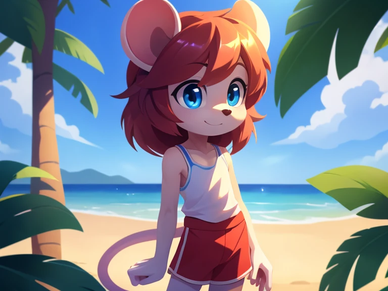 , boy, white mouse, cute, shiny hair, blue eyes, slim body, detailed, standing, summer outfit, nice background, high quality, masterpiece 