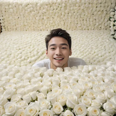 jup7 pretty guy covered in 100000 white roses, holdig a pirror, adoring himself