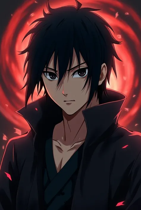 Create a male Naruto character Uchiha and with Mangekyou Sharingans distinctive Shisui-style character he has black hair 