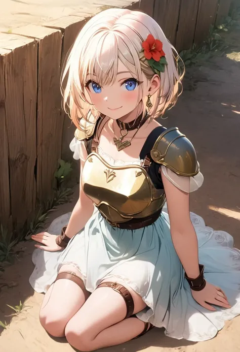 (masterpiece),(best quality),(ultra-detailed),(best illustration),(best shadow),(absurdres),(detailed background), 1girl, blue-eyes, solo, armor, short-hair, hair-flower, hair-ornament, sandals, white-hair, simple-background, dress, belt, shoulder-pads, th...