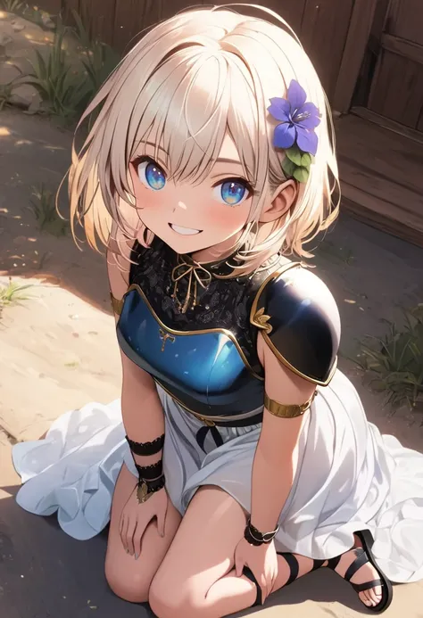 (masterpiece),(best quality),(ultra-detailed),(best illustration),(best shadow),(absurdres),(detailed background), 1girl, blue-eyes, solo, armor, short-hair, hair-flower, hair-ornament, sandals, white-hair, simple-background, dress, belt, shoulder-pads, th...