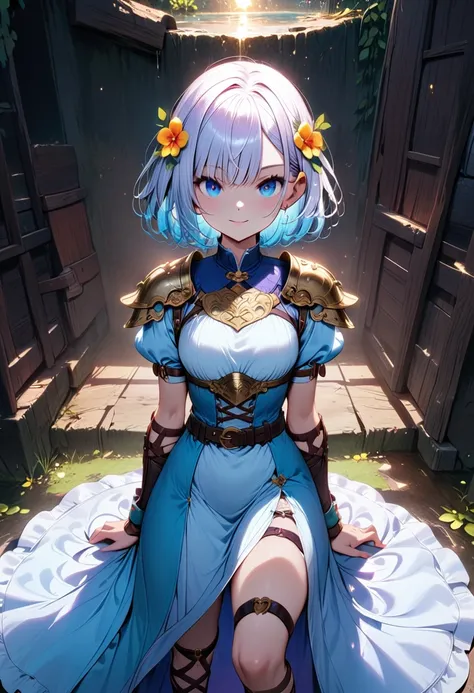 (masterpiece),(best quality),(ultra-detailed),(best illustration),(best shadow),(absurdres),(detailed background), 1girl, blue-eyes, solo, armor, short-hair, hair-flower, hair-ornament, sandals, white-hair, simple-background, dress, belt, shoulder-pads, th...