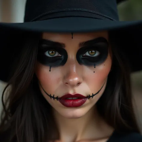 young woman, wearing witch hat, halloween make-up, ultra realistc, half upper body portrait, high definition portrait, perfect eyes, intimate look