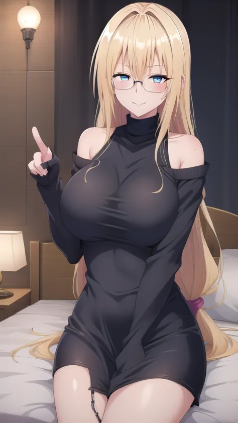 erotic 、teayurnatique 、 long blonde hair 、glasses、queen、tall、big breasts, alone、 black sweater、navy blue jeans,pink light 、 bedr...