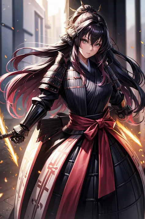 wearing armor one adult female, wearing light armor, wearing black kimono, long hair, pink hair, grey eyes, intense sirious, tit...