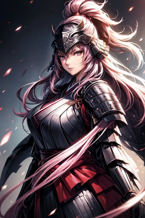 wearing armor one adult female, wearing light armor, wearing  black kimono, long hair, pink hair, grey eyes, intense sirious, ti...