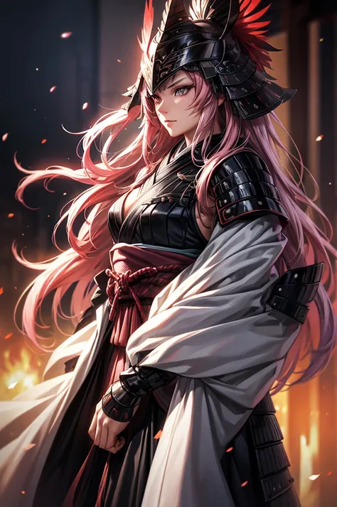 wearing armor One adult female, wearing light armor, wearing  black kimono, Long Hair, pink hair, Grey Eyes, intense sirious, tite waist, full body, hair over eyes, Red Tattoo, cinematic lighting, cowboy shot, close-up, UHD, retina, masterpiece, accurate, ...