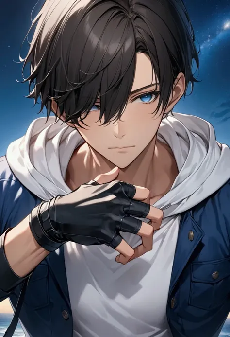 (masterpiece,  best quality :1.2), dark haired young man"Asuka", clothing: white hoodie with blue jacket , Black Leather Fingerless Drivers Glove ,  upper body focus ,  bust up shot ,simple background with a starry sky on one side, The act of retightening ...