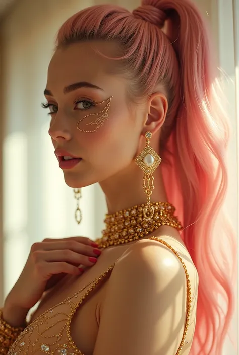 Glossy latex costume young Japanese golden princess Pink hair High definition ponytail flashy sparkling large golden earrings flashy sparkling large golden necklace flashy sparkling golden bracelets Erotic pose Bright white hotel room