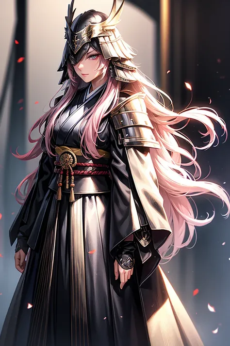 wearing armor one adult female, wearing light armor, wearing  black kimono, straight long hair, sidelocks, pink hair, grey eyes,...