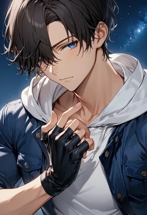 (masterpiece,  best quality :1.2), dark haired young man"Asuka", clothing: white hoodie with blue jacket , Black Leather Fingerless Drivers Glove ,  upper body focus ,  bust up shot ,simple background with a starry sky on one side, The act of retightening ...