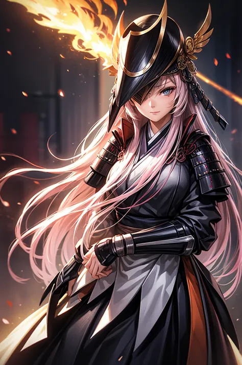 wearing armor one adult female, wearing light armor, wearing  black kimono, straight long hair, sidelocks, pink hair, grey eyes,...