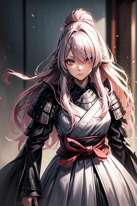 wearing armor one adult female, wearing light armor, wearing  black kimono, straight long hair, sidelocks, pink hair, grey eyes,...