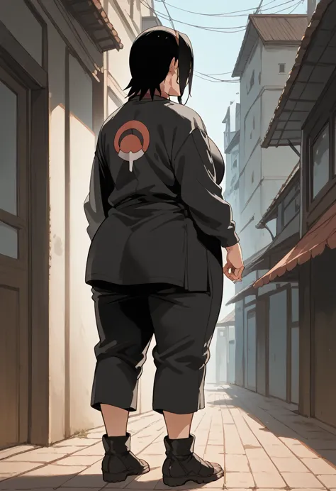 sarada uchiha, huge breasts, back profile, standing, plump, full body