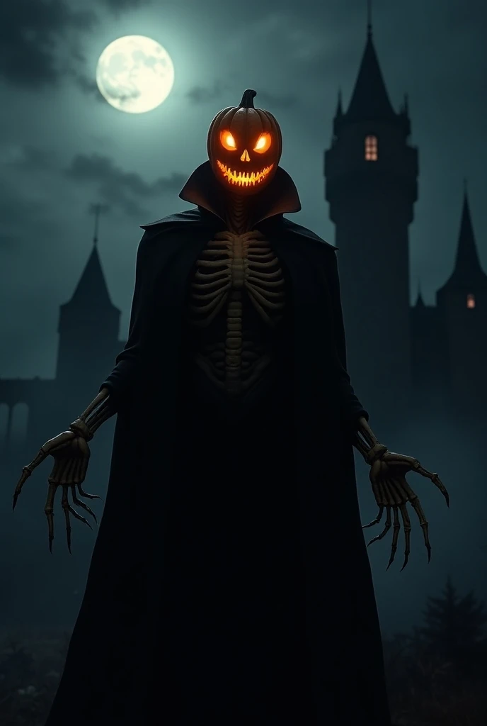 a creepy pumpkin king, detailed face, glowing jack-o-lantern head, skeletal features, long bony fingers, dark cloak, haunting presence, regal pose, gothic castle in the background, full moon in the night sky, moody lighting, dark shadows, ominous atmospher...