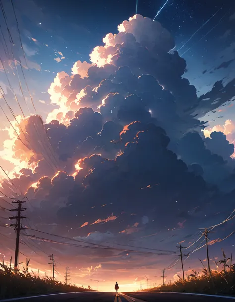 (masterpiece:1.2, Best Quality), (finely detailed beautiful eye: 1.2), (beautiful detailed face), High contrast, (Best Illumination, extremely delicate and beautiful), ((Cinematic Light)), Highest Quality, masterpiece, light particles, field, tall weeds,  powerlines, road, thunderhead clouds,no humans,