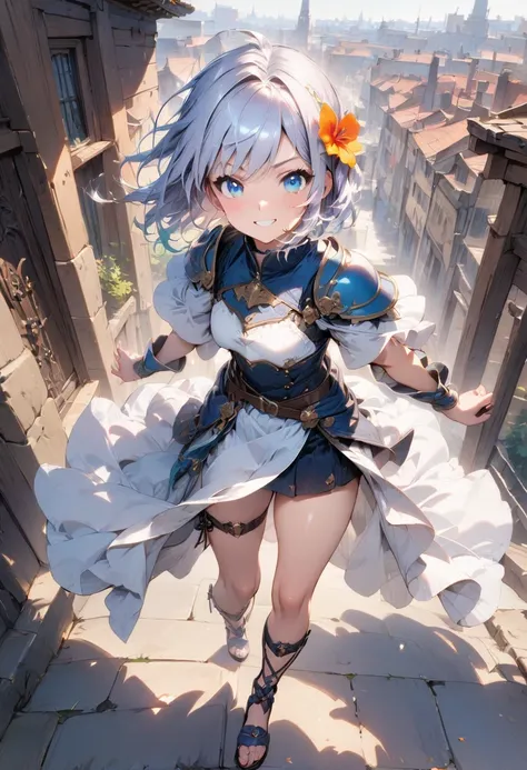 (masterpiece),(best quality),(ultra-detailed),(best illustration),(best shadow),(absurdres),(detailed background), 1girl, blue-eyes, solo, armor, short-hair, hair-flower, hair-ornament, sandals, ((white-hair)), simple-background, white-dress, belt, shoulde...