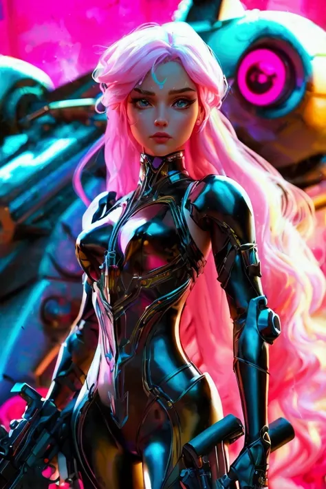 A Disney Pixar-style 3D animation of a confident and seductive female character named Lady Venus. She has very long neon pink straight hair and wears a form-fitting black jumpsuit with "Venus" emblazoned on the chest. Lady Venus stands valiantly before a u...