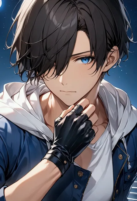 (masterpiece,  best quality :1.2), dark haired young man"Asuka", clothing:  white hoodie with blue jacket, Black Leather Fingerless Drivers Glove ,  upper body focus ,  bust up shot ,simple background with a starry sky on one side, The act of retightening ...