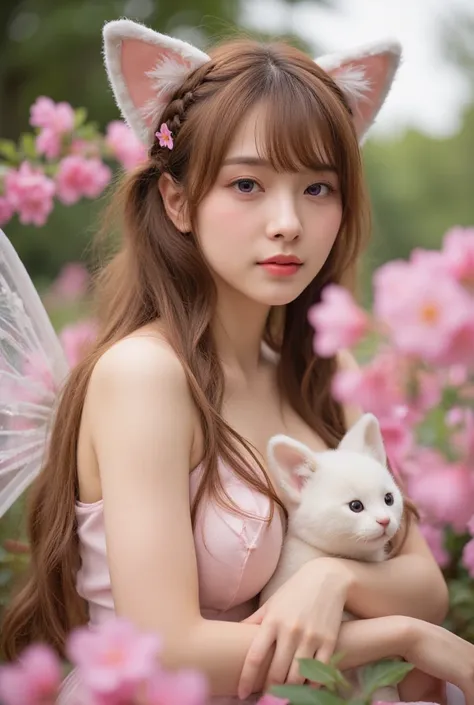 1girl, naked, animal ears, purple eyes, brown hair, wings, solo, long hair, blush, cat ears, flowers, looking at viewer, braids, bows, dresses, pink flowers, bows, hair accessories, bangs, cats, hair flower, animal ear hair, holding, virtual youtuber, blue...