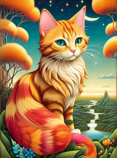 magic mysterious fantastic landscape surreal cat ,colorful fur、fantasy cat、 super detailed, james r. ，draw beautiful digital ill...