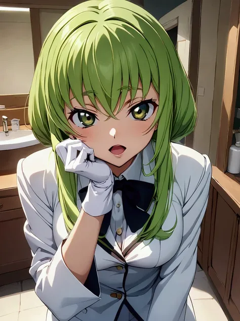 Anime CC, Code Geass, long green hair, green eyes, open mouth, dentists hands, wearing gloves, placing his hand on her chin, holding a small dentists mirror, viewers perspectiveدقيق أفضل جودة ،عمل رائع،علم التشريح الصحيح