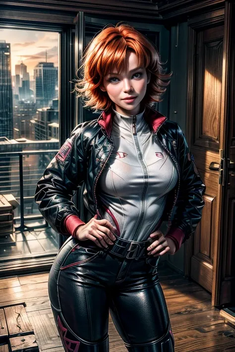 cowboy shot,beautiful nora_valkyrie, smile, looking at viewer, blush, smile, short hair, bangs, blue eyes, ski jacket, ski pants, black boots, orange hair, shiny hair, dynamic pose, nora is standing on balcony of penthouse suite, tall skyscraper, overlooki...