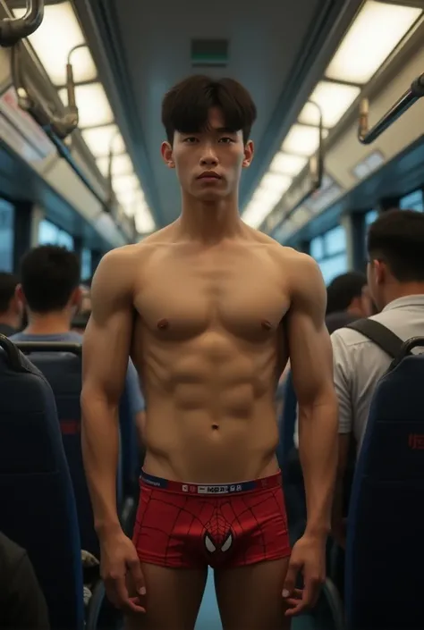 Handsome south Korea tenageer, model, naked fully nude on public bus posing rear, muscle, sixpack ABS, triceps and biceps muscle, Facing forward, perfect face, chiseled jaw, Wearing Spiderman underwear, facing straight ahead,