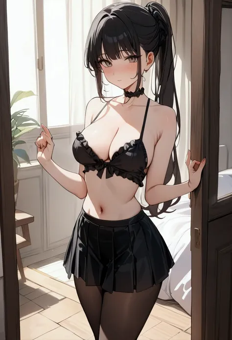 (masterpiece, top quality, best quality, beautiful and aesthetic:1.2),(8k, best quality, masterpiece:1.2),anime,cute,slut,bimbo,Bitchy girl,16years old,black hear,E-cup boobs,aeolae slip,Semi-long,narrow waist,navel,Frilled Miniskirt,black tights