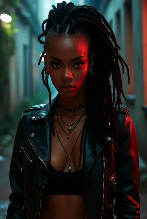 Brown african american Woman with shaved sides, dreadlocks, leather jacket