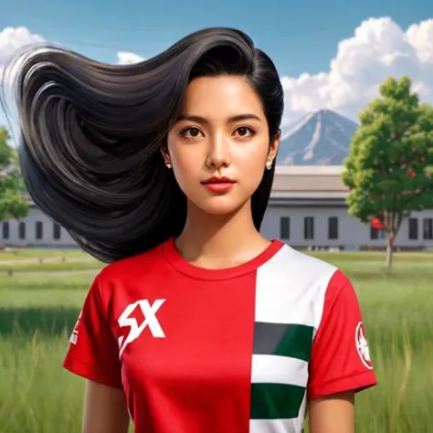 " creates a realistic digital image of a black-haired girl ,Ponytail,A 2 meter long scissor baggy hair ,My hair flutters in the wind., Red cheeks,  wearing a blue-white camouflage T-shirt ,  with black lettering. The scene is outdoor, with a green backgrou...