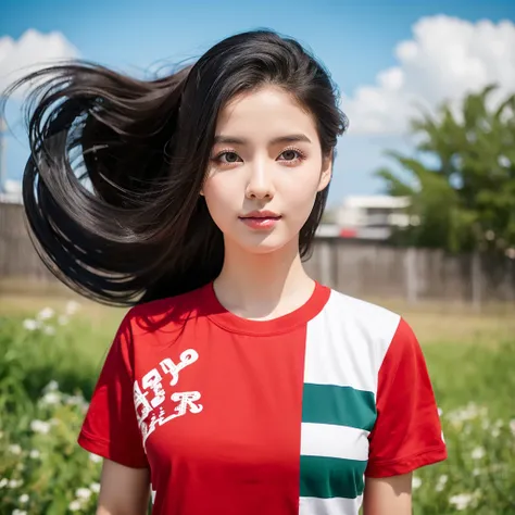 " creates a realistic digital image of a black-haired girl ,Ponytail,A 2 meter long scissor baggy hair ,My hair flutters in the wind., Red cheeks,  wearing a blue-white camouflage T-shirt ,  with black lettering. The scene is outdoor, with a green backgrou...