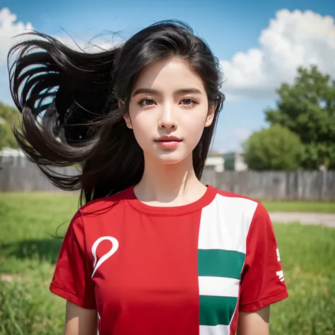 " creates a realistic digital image of a black-haired girl ,Ponytail,A 2 meter long scissor baggy hair ,My hair flutters in the wind., Red cheeks,  wearing a blue-white camouflage T-shirt ,  with black lettering. The scene is outdoor, with a green backgrou...