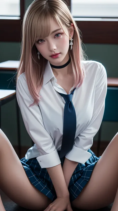 Mix 4, (8k, RAW Photos, Highest quality, masterpiece: 1.45), (Realistic, photoRealistic: 1.37), ((kitagawa marin: 1.37)),  (Blonde, Pink gradient hair), ((Long Hair, Sink bangs,Colorful Hair, Red eyes)),Pose like a model,Japanese women, ,high School studen...