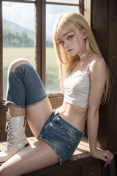 Dakota Fanning as a beautiful teen sexy cowgirl, blonde hair, sparkly blue eyes, freckles, athletic , tight denim shorts, showing boots, translucent white crop top, sweaty, sitting at the barn, raindrops on window. from the back.