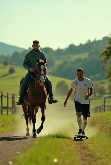 I want video of Messi riding a horse on a farm Cristiano Ronaldo arriving on a skateboard video