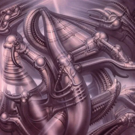 hrggr, the image is a detailed view of h.r. giger's biomechanical tableau \" landscape no 312 \" plate, featuring a complex, int...