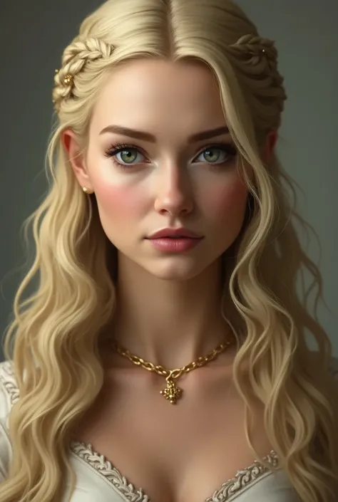 Create an image of what Cersei Lennister would look like: she has fair skin and wavy blond hair and has emerald green eyes and she is very beautiful and 33 years old and she is a character in the books A Song of Ice and Fire and the series Game of Thrones ...