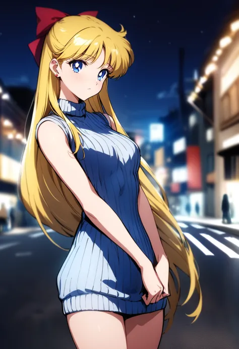 masterpiece, best quality, very aesthetic, absurdres, aavenus, long hair, blonde hair, hair bow, blue eyes, earrings, ribbed sweater, sweater dress, sleeveless, turtleneck, night, street, standing, cowboy shot,