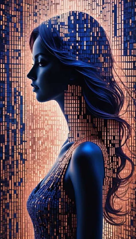 a cascade of blush and indigo and copper binary code, forming the silhouette of a captivating woman, centered, looking forward, perfect eyes, insane composition, 16k