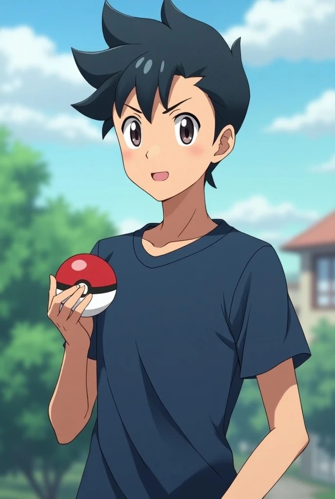 Imagine a character for me ,  to do it in the anime style similar to the animation of the Pokémon anime, He is a young man over 20 years old,  he is very affectionate He has very black hair and with a common haircut,  he is holding a Pokéball ,  his clothe...