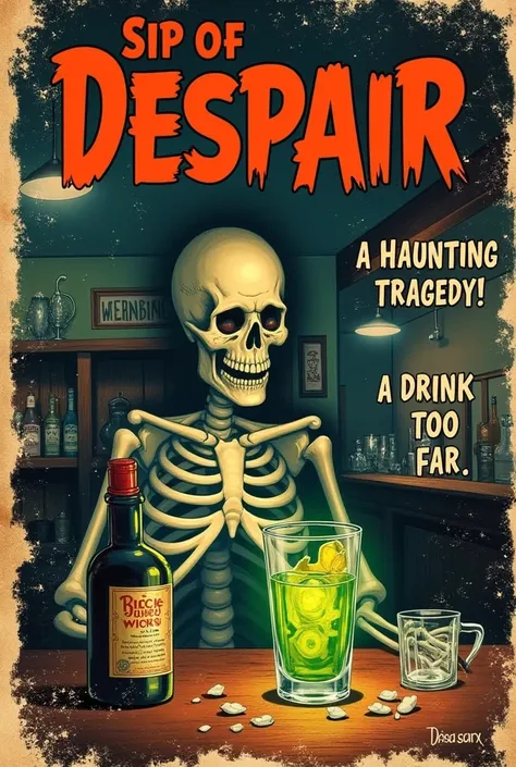 "vintage comic book cover in the style of the 1940s, depicting a sorrowful skeleton sitting alone at a dimly lit bar, its hollow...