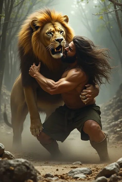 lion, Struggling with a strong man with long hair 